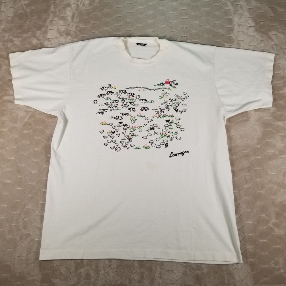 VTG Cow Farm Shirt Mens XL All Over Print Sheep Single Stitch Las Vegas STAINED
